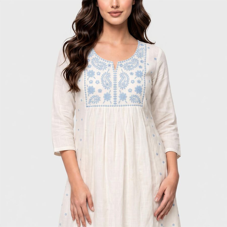 Women's Off White Cotton Notch Neck Embroidered Kurta, Off White, large