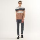 Men's Beige Cotton Polo Neck Striped T-Shirt, Beige, small