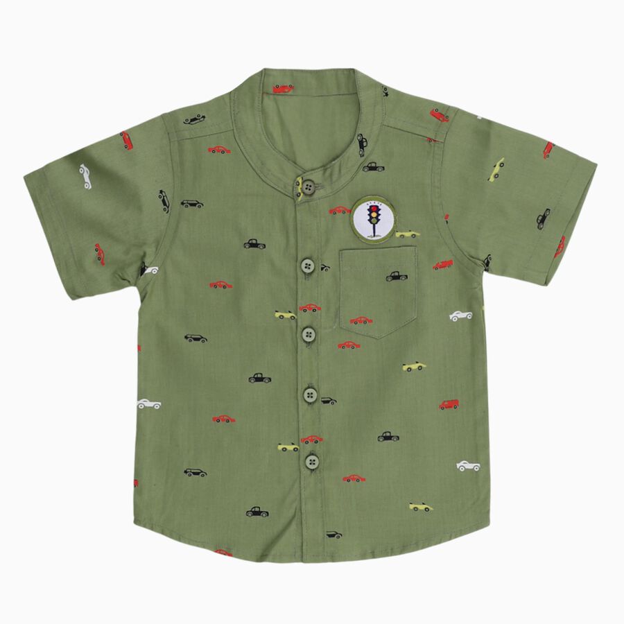 Boys Olive Green Cotton Half Sleeve Mandarin Collar Shirt, Olive, large image number null