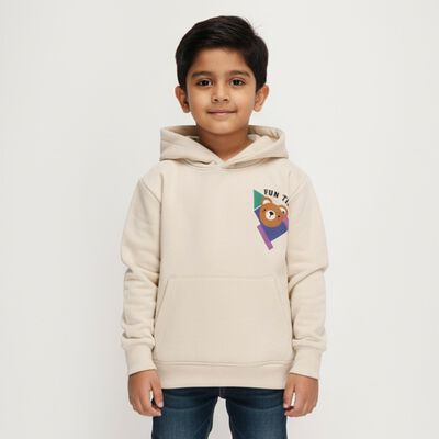 Boys Light Beige Hooded Neck Casual Sweatshirt