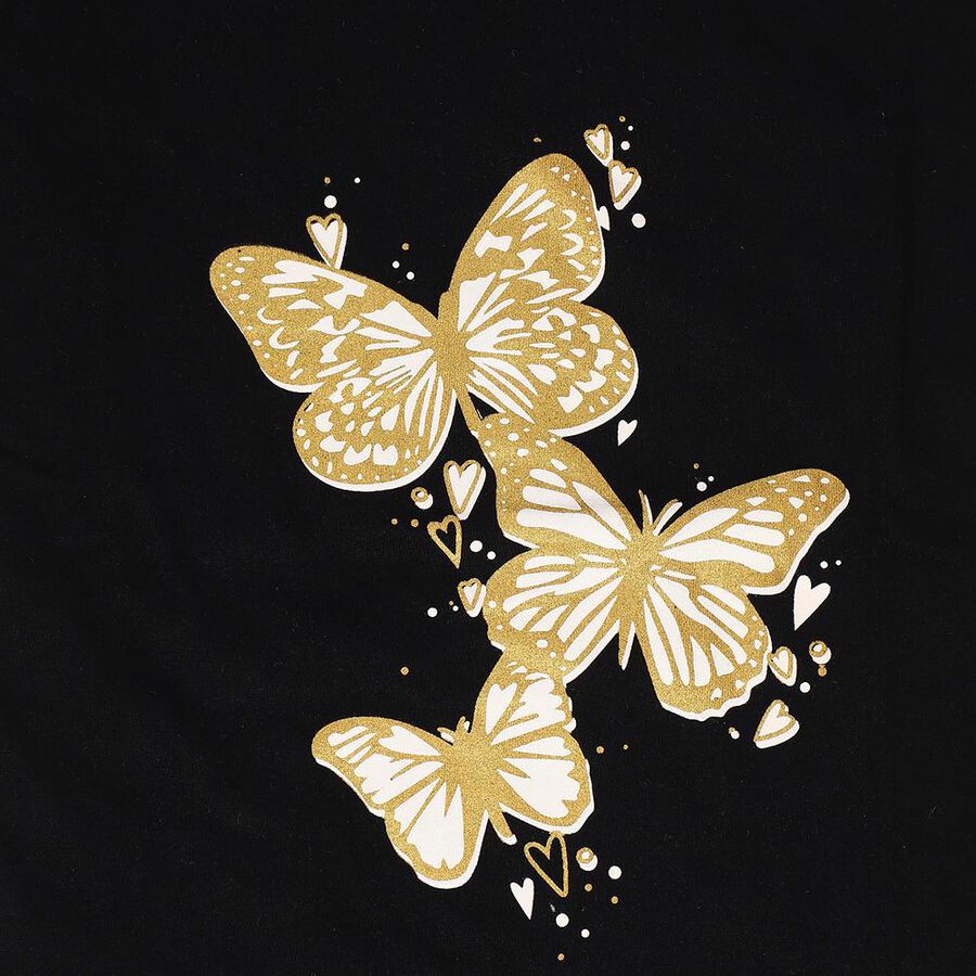 Girls' Black Cotton Round Neck Butterfly Printed T-Shirt, Black, large