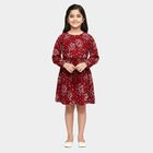 Girls' Deep Crimson Red Round Neck Floral Print Dress, वाइन, small image number null