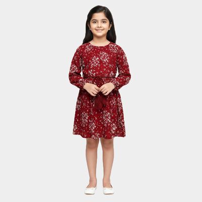 Girls' Deep Crimson Red Round Neck Floral Print Dress
