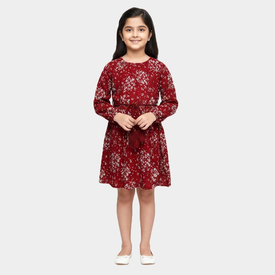 Girls' Deep Crimson Red Round Neck Floral Print Dress, वाइन, large image number null