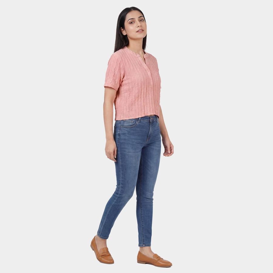 Women's Pink Round Neck Puff Sleeve Textured Top, Pink, large