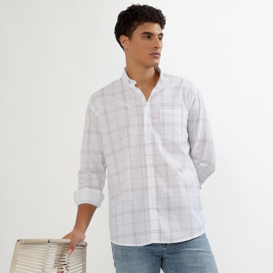 Men's Rich Eggshell White Cotton Mandarin Collar Casual Shirt, White, large image number null