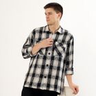 Men's Black and White Checked Spread Collar Casual Shirt, Off White, small