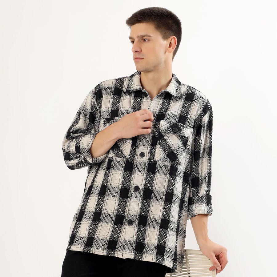 Men's Black and White Checked Spread Collar Casual Shirt, Off White, large