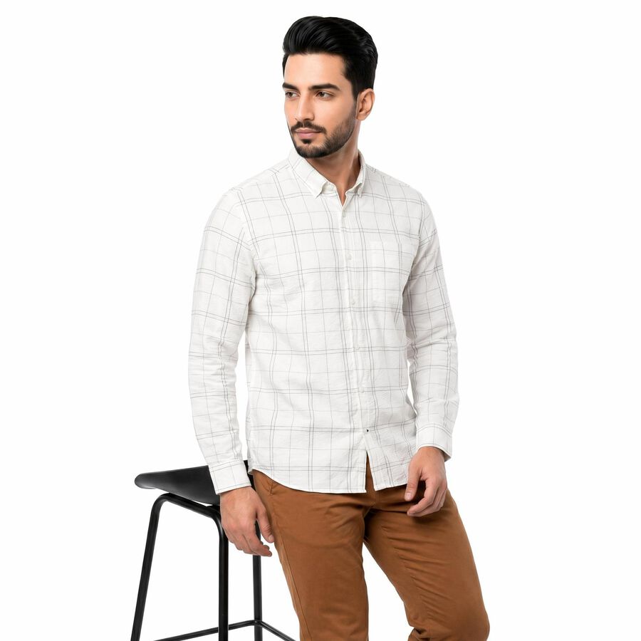 Men's White Cotton Long Sleeve Button-Down Regular Fit Casual Shirt, सफ़ेद, large