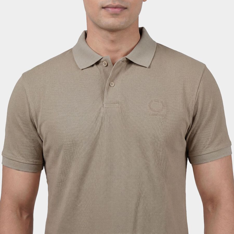 Men's Beige Cotton Polo Neck Classic T-Shirt, Beige, large