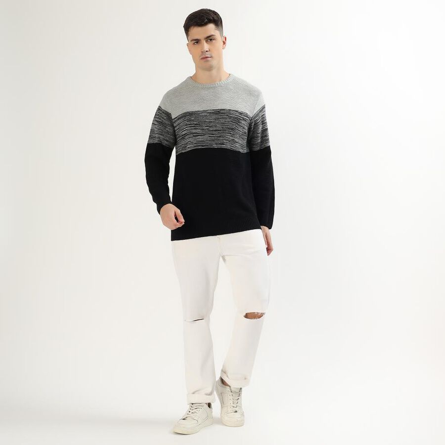 Men's Light Grey and Black Crew Neck Casual Pullover, Light Grey, large image number null
