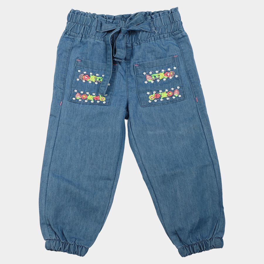 Girls Light Blue Jogger Fit Embroidered Jeans, Mid Blue, large