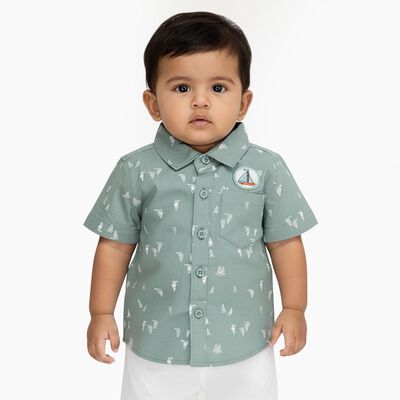 Infants Light Sage Green Cotton Half Sleeve Classic Casual Shirt