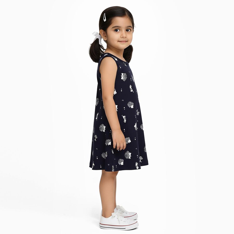 Girls' Navy Blue Printed Sleeveless A-Line Frock, Navy Blue, large image number null