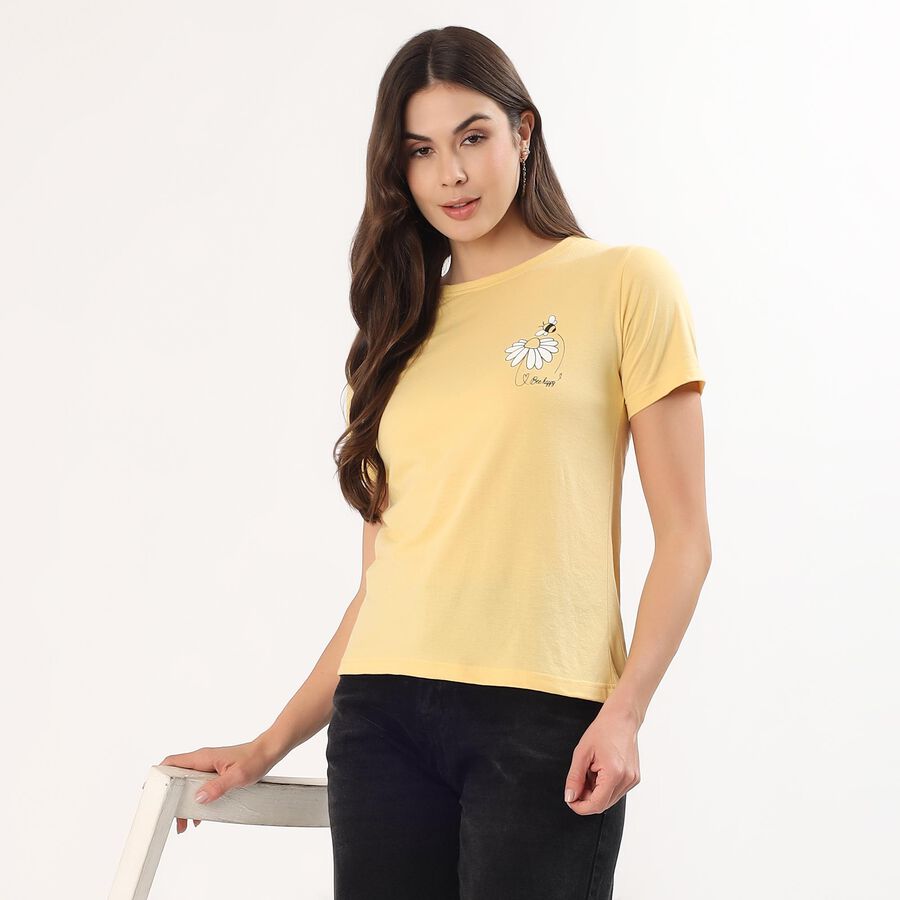 Women's Bright Yellow Round Neck Casual T-Shirt, पीला, large