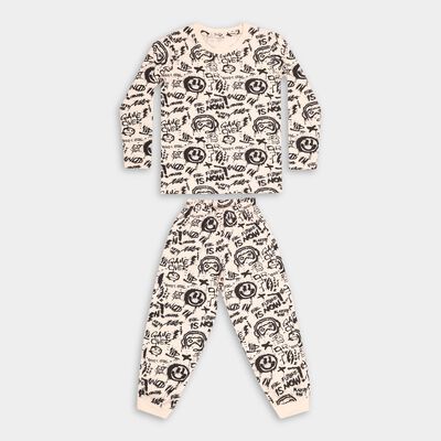 Boys' Beige Cotton Round Neck Graffiti Baba Suit