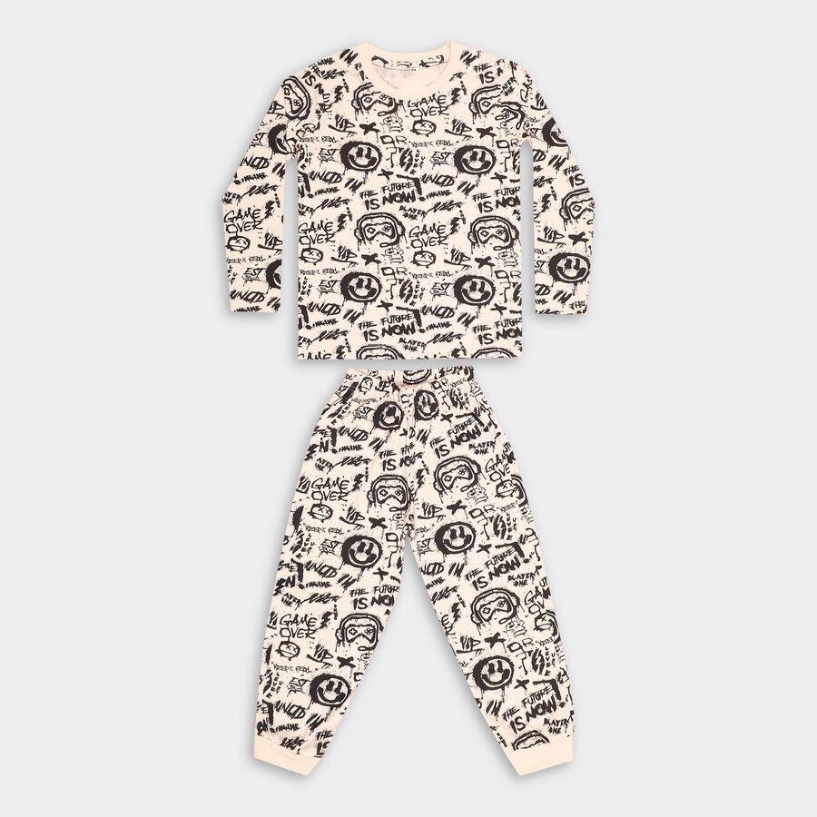 Boys' Beige Cotton Round Neck Graffiti Baba Suit, गहरा पीला, large image number null