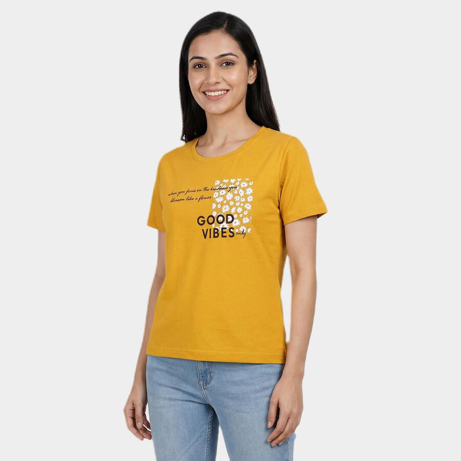 Women's Mustard Yellow Round Neck Ribbed T-Shirt, Mustard, large
