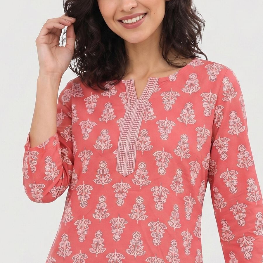 Women's Pink Notch Neck Floral Printed Kurti, Pink, large