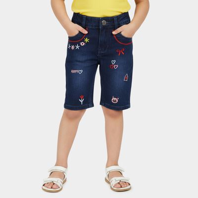 Girls Navy Blue Straight Fit Embroidered Capri