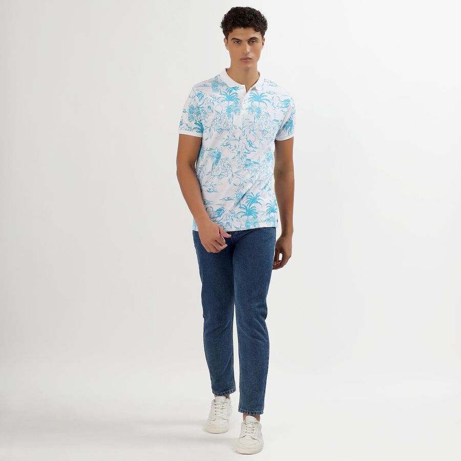 Men's White Cotton Polo Neck Tropical Printed T-Shirt, हल्का नीला, large image number null