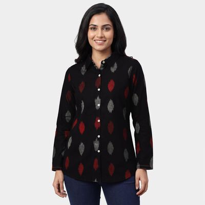 Women's Black Cotton Notch Neck Printed Kurti