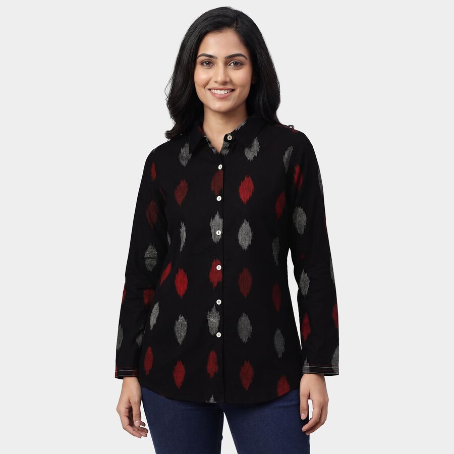 Women's Black Cotton Notch Neck Printed Kurti, काला, large