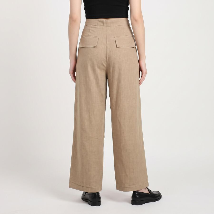 Women's Beige Wide Leg Pleated Trousers, Beige, large