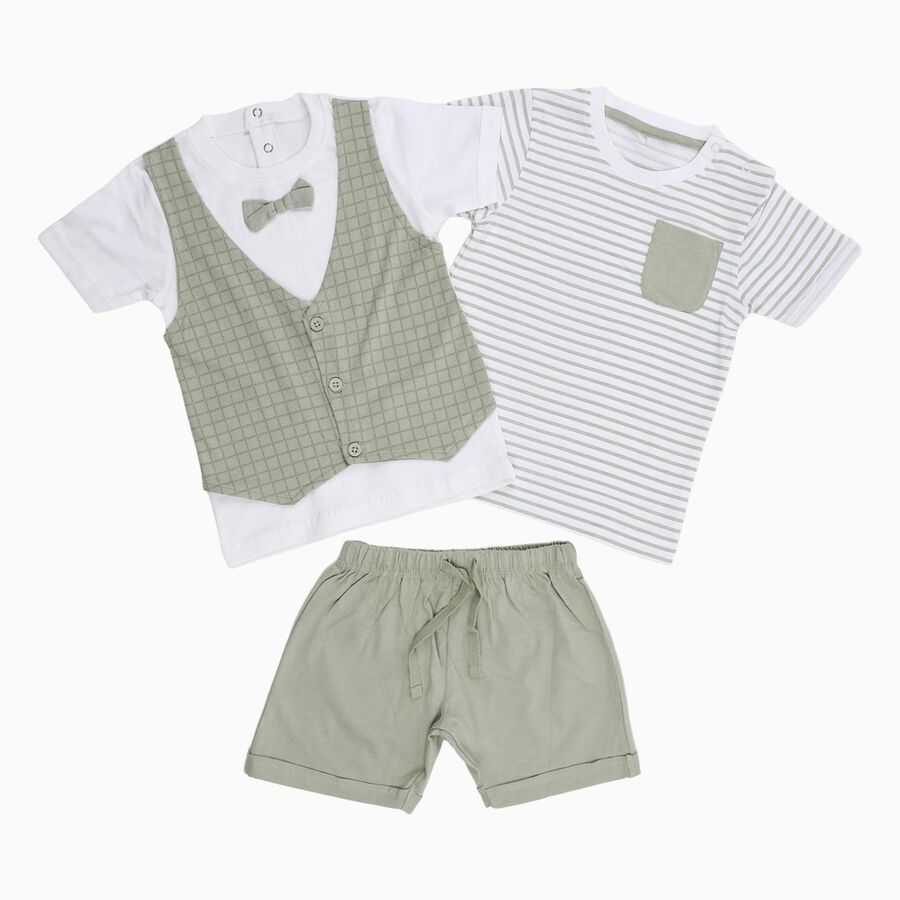 Infants' Light Green Cotton Round Neck Checkered Baba Suit, Light Green, large