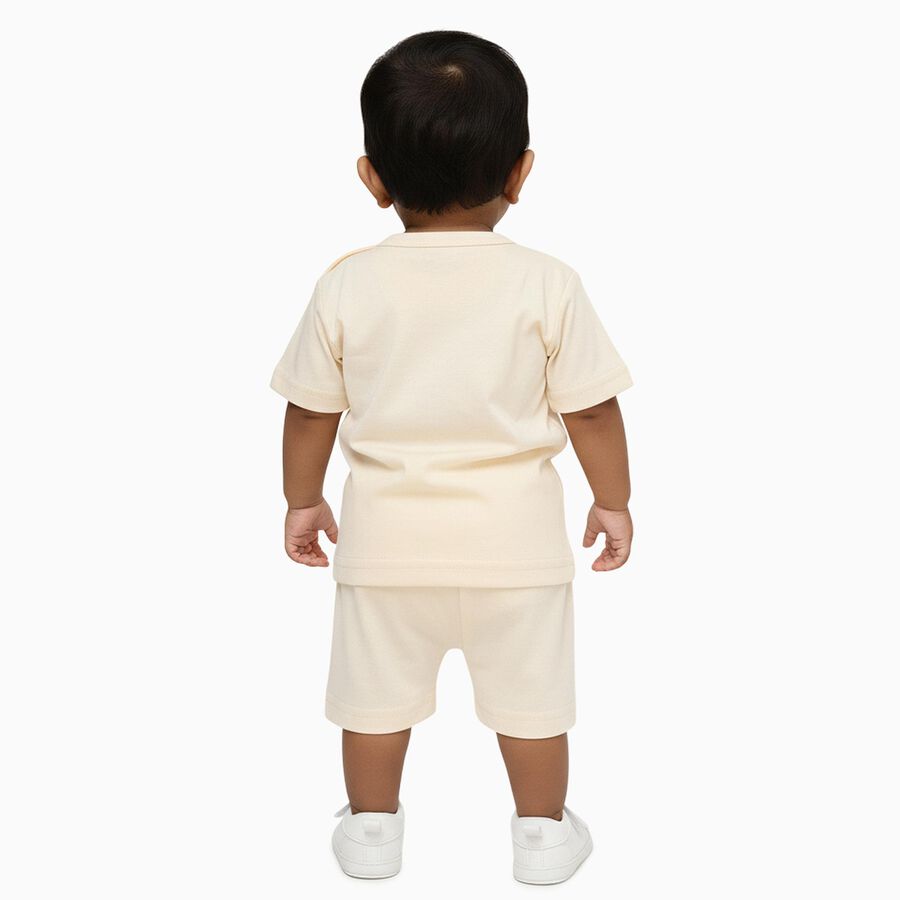 Infants' Beige Cotton Round Neck Graphic Baba Suit, Beige, large