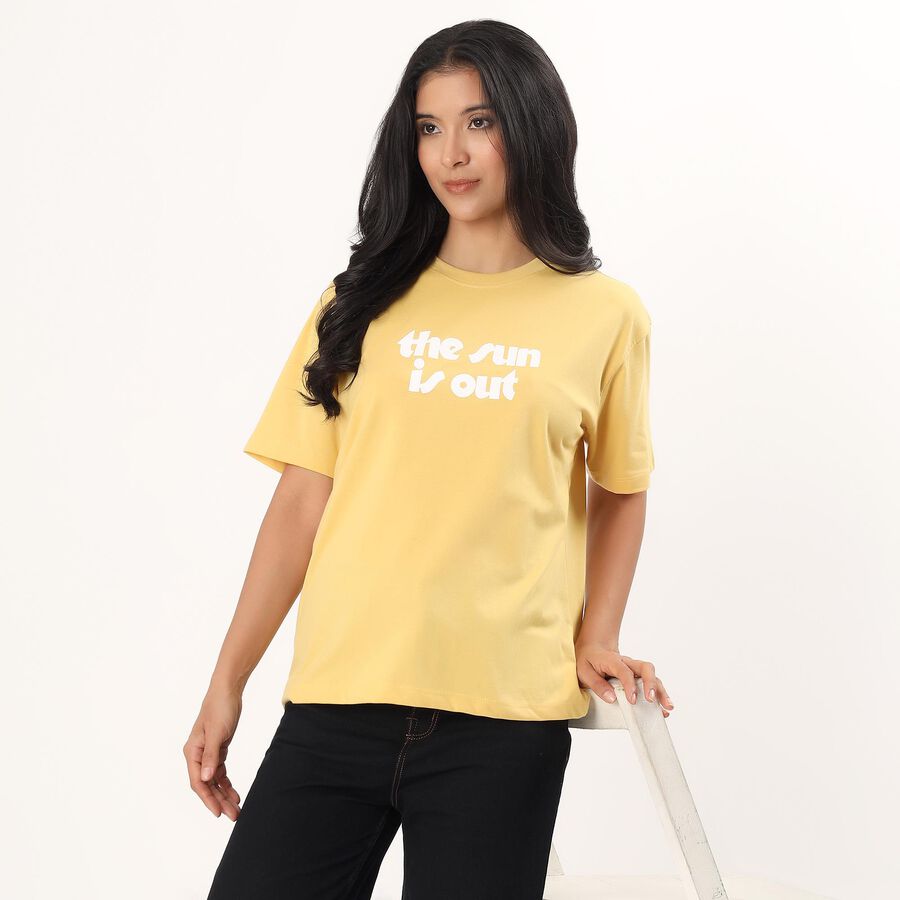 Women's Yellow Round Neck Casual T-Shirt, Yellow, large