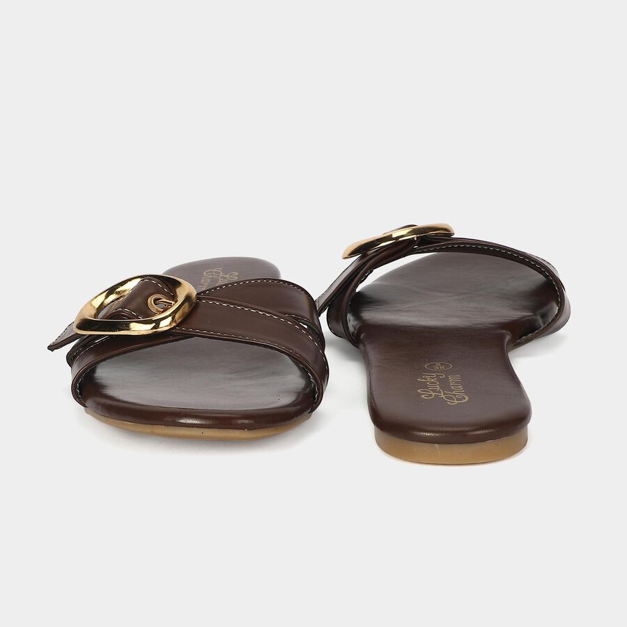 Women's Brown Buckle Strap Slide Sandals, भूरा, large