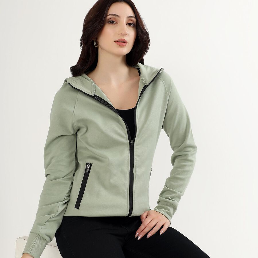 Women's Light Sage Green Hooded Neck Casual Sweatshirt, Light Green, large image number null