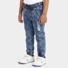 Boys Blue Jogger Fit Printed Jeans, Dark Blue, small