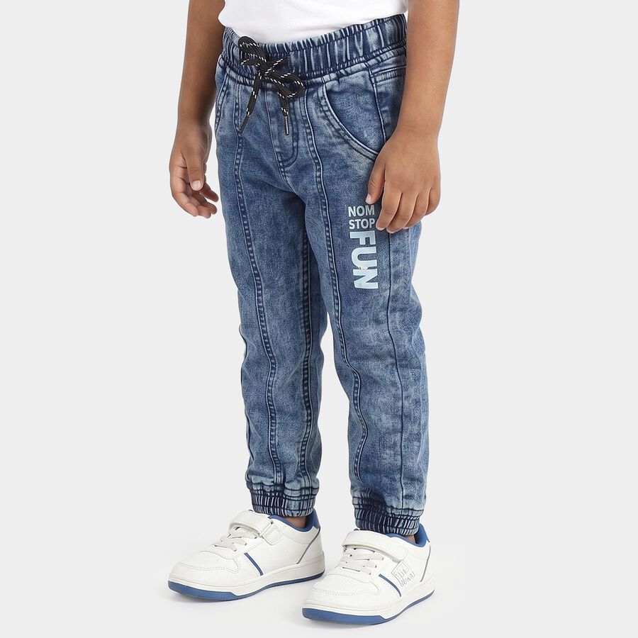 Boys Blue Jogger Fit Printed Jeans, Dark Blue, large
