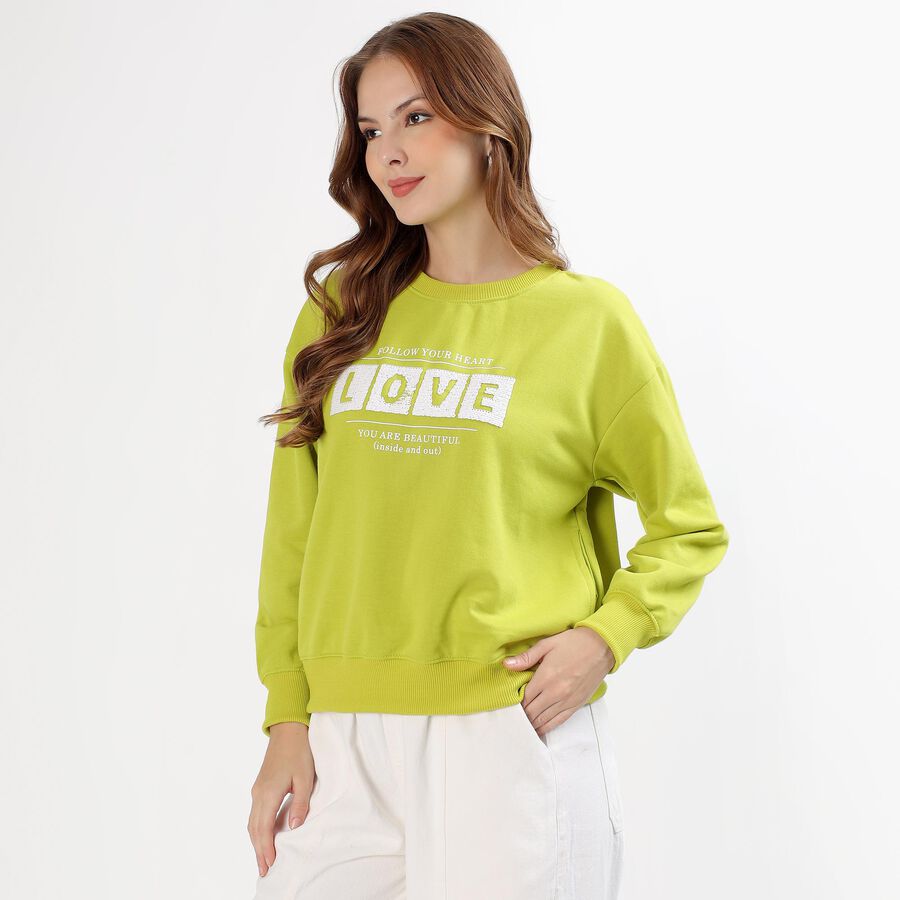 Women's Bright Lime Green Crew Neck Casual Sweatshirt, हल्का हरा, large image number null