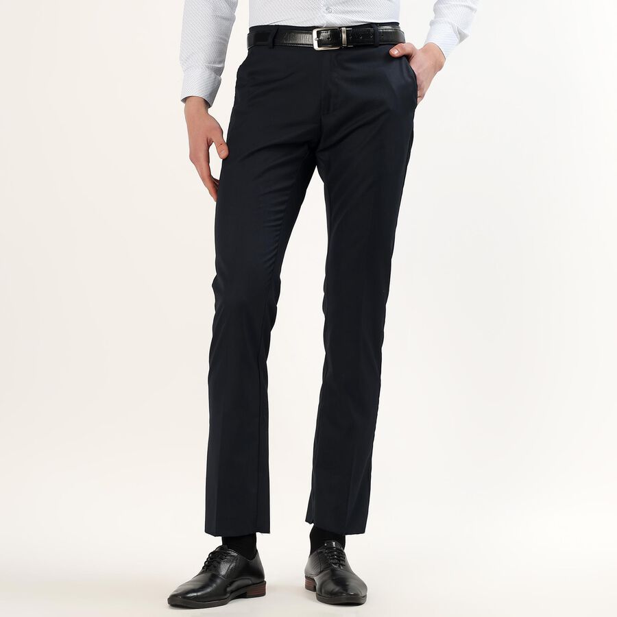 Men's Deep Midnight Navy Slim Fit Flat-Front Formal Trousers, Navy Blue, large