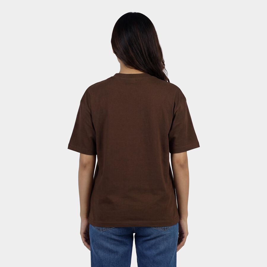Women's Brown Cotton Round Neck Casual T-Shirt, Brown, large