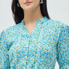 Women's Light Blue Floral Mandarin Collar Shirt, Light Blue, small