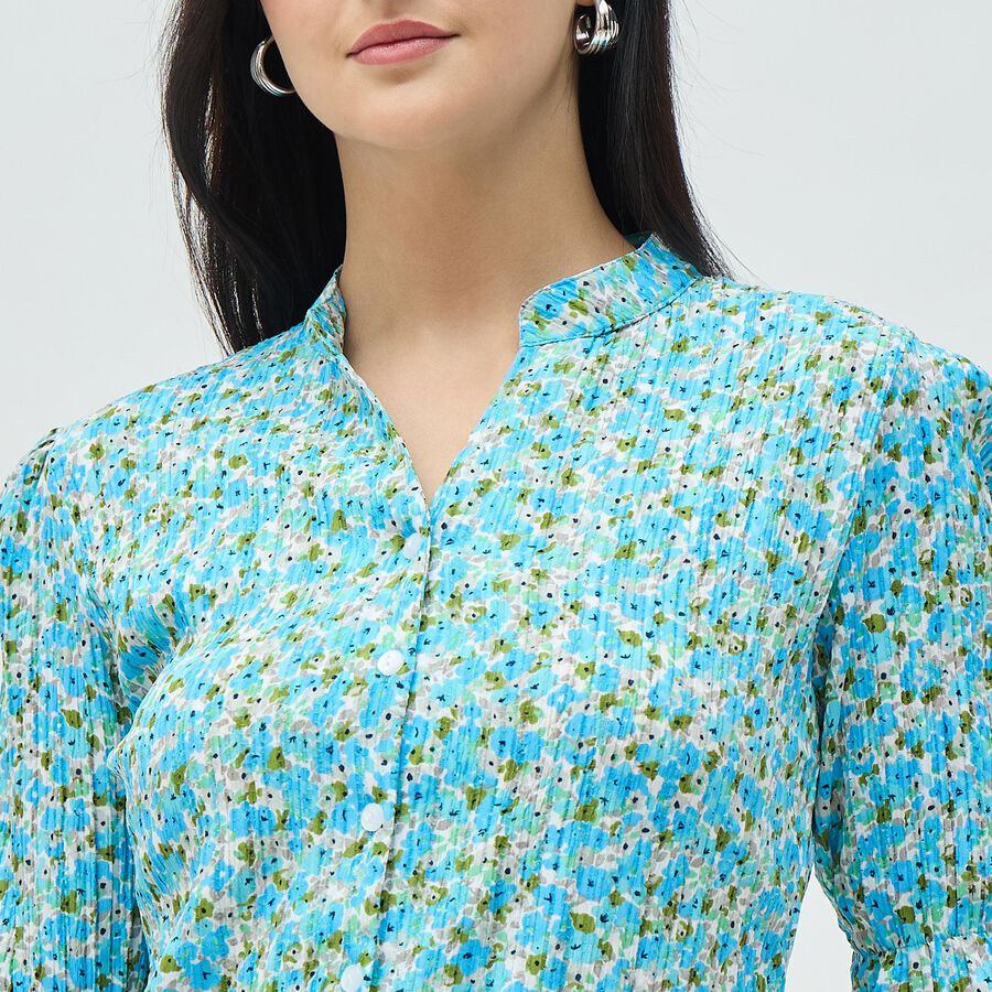 Women's Light Blue Floral Mandarin Collar Shirt, Light Blue, large