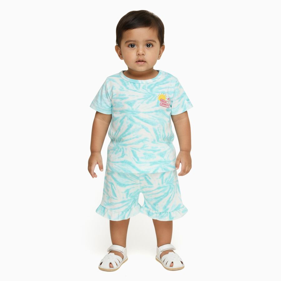 Infants' Light Aqua Cotton Round Neck Casual Shorts Set, Aqua, large