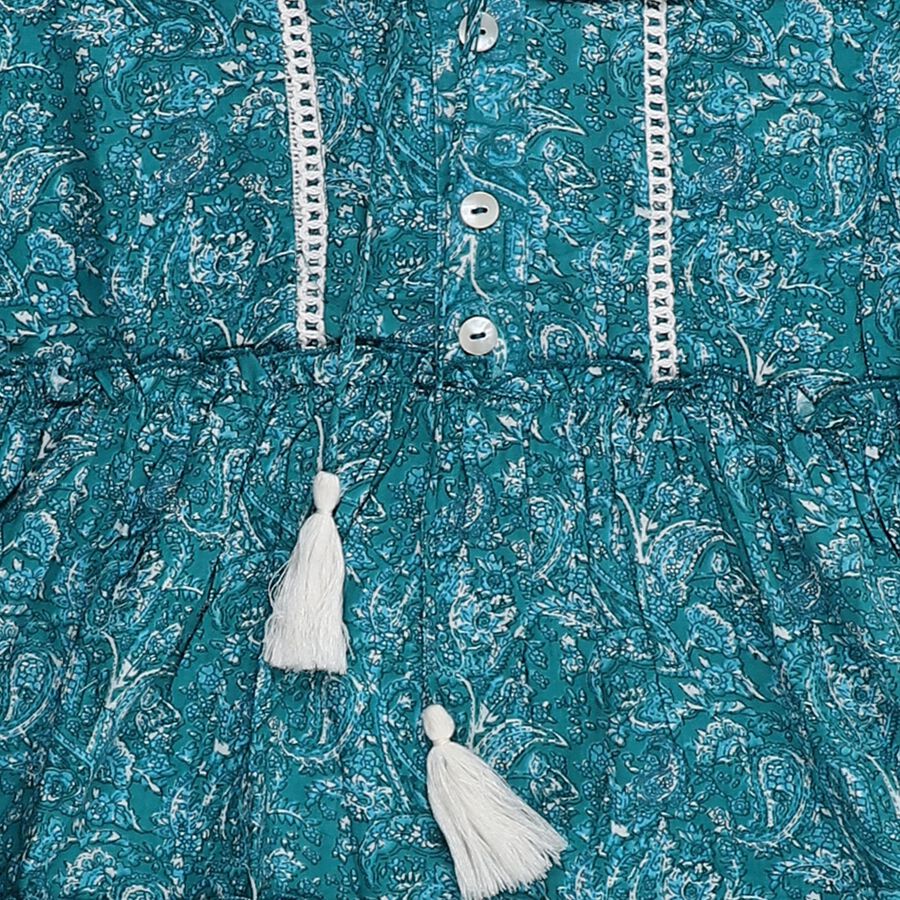 Girls' Bright Floral Sleeveless Casual Dress, टील ब्लू, large