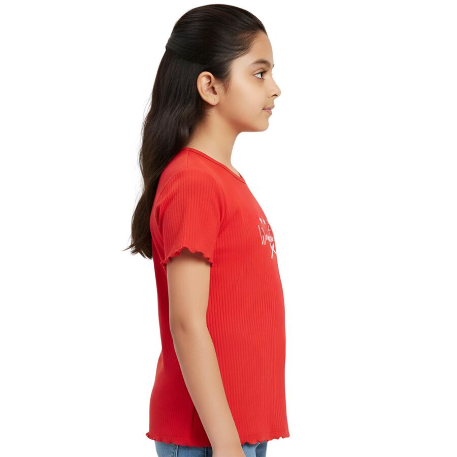 Girls' Fuchsia Cotton Blend Crew Neck Graphic T-Shirt, रानी (फ्यूशिया), large