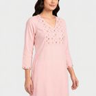 Women's Pink V-Neck Embroidered Kurta, गुलाबी, small