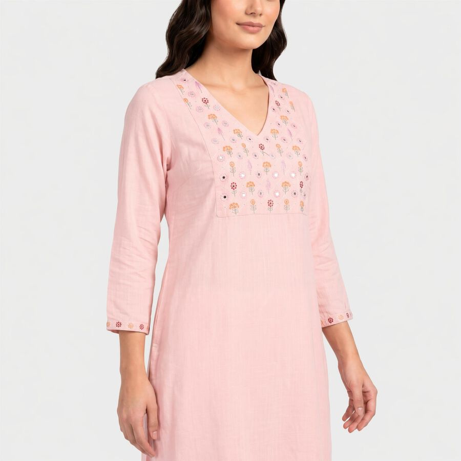 Women's Pink V-Neck Embroidered Kurta, गुलाबी, large
