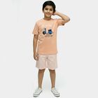 Boys' Peach Cotton Round Neck Graphic Printed Night Suit, मूँगा (कोरल), small