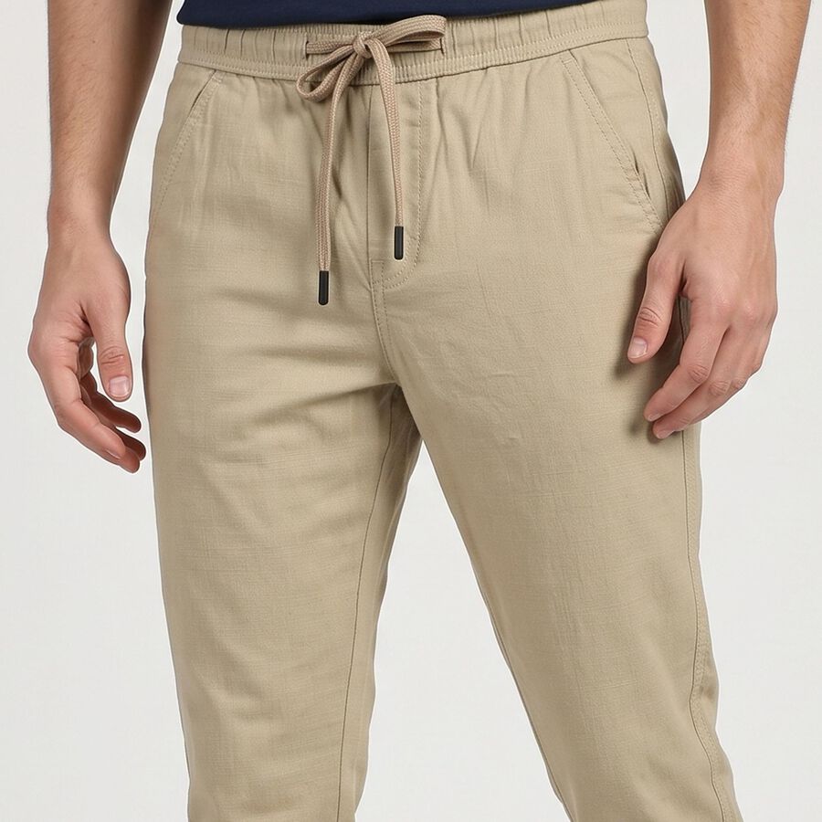 Men's Beige Slim Fit Drawstring Casual Trousers, Beige, large