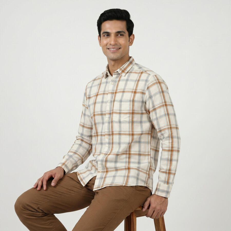 Men's Beige Cotton Long Sleeves Button-Down Regular Fit Shirt, गहरा पीला, large