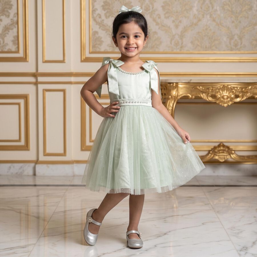 Girls' Mint Green Fit and Flare Bow Detail Party Wear Frock, हल्का हरा, large