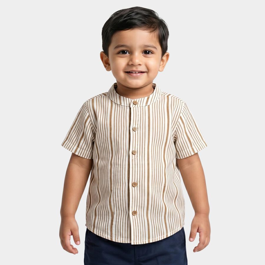 Infants Beige Cotton Mandarin Collar Regular Fit Shirt, गहरा पीला, large